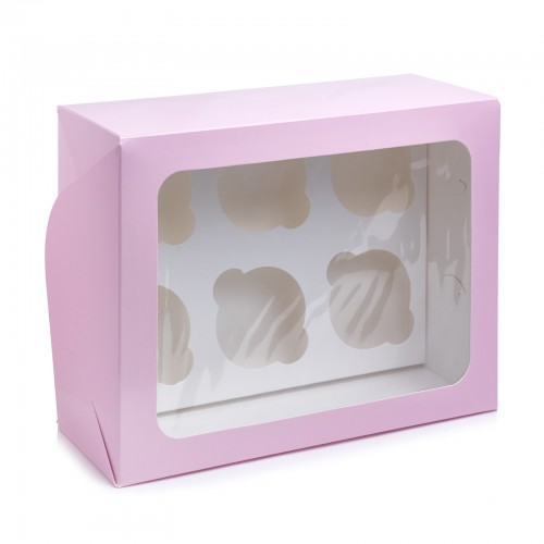 Коробка на 6 капкейків із прямокутним вікном рожева, 240*180*90