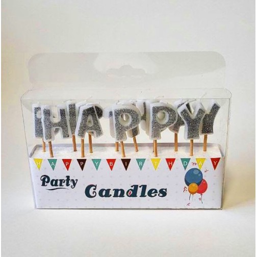 Свічки для торту "Happy Birthday" срібло