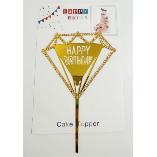 Топпер "Happy birthday” Діамант золотий зі стразами, акриловий пластик, 110*170