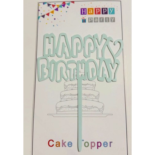 Топпер "Happy birthday” Ніжно-блакитний з серцем, акриловий пластик, 110*160