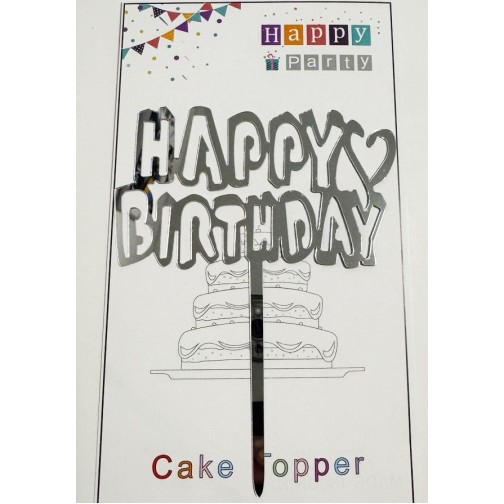 Топпер "Happy birthday” Срібний з серцем, акриловий пластик, 110*160