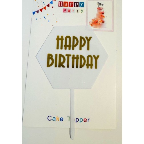 Топпер "Happy birthday” шестигранний білий, акриловий пластик, 110*160