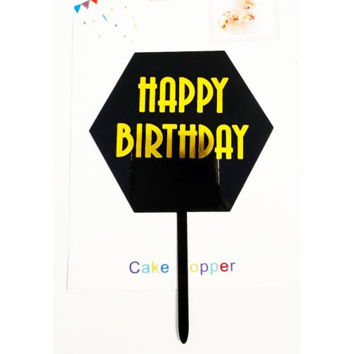 Топпер "Happy birthday” шестигранний чорний золото, акриловий пластик, 110*160
