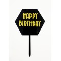 Топпер "Happy birthday” шестигранний чорний золото, акриловий пластик, 110*160