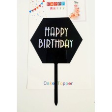 Топпер "Happy birthday” шестигранний чорний срібло, акриловий пластик, 110*160
