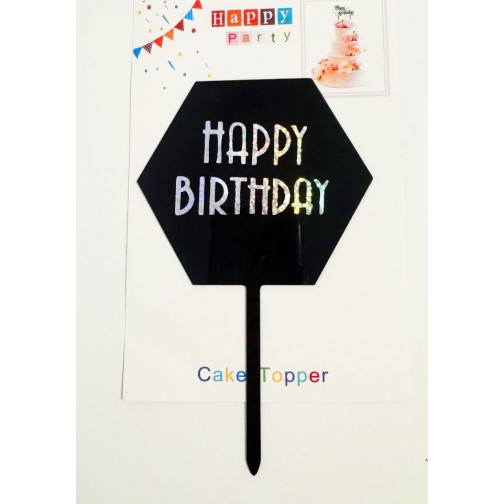 Топпер "Happy birthday” шестигранний чорний срібло, акриловий пластик, 110*160