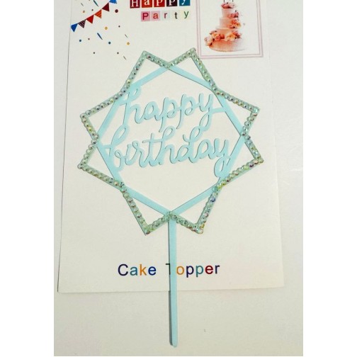 Топпер "Happy birthday” Квадратики, блакитний зі стразами, акриловий пластик, 110*160