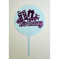 Топпер "Happy birthday” круглий, блакитний з подарунками, акриловий пластик, 110*160