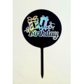 Топпер "Happy birthday” круглий, чорний з подарунками, голограма, акриловий пластик, 110*160