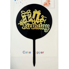 Топпер "Happy birthday” круглий, чорний з подарунками, напис - золота голограма, акриловий пластик, 110*160
