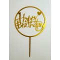 Топпер "Happy birthday” Золотий круг з сердечками, акриловий пластик, 110*160