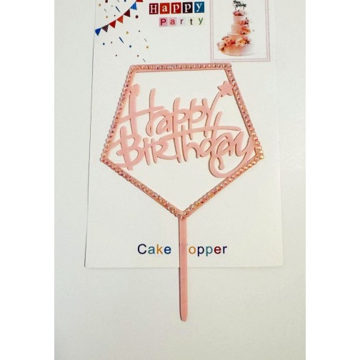 Топпер "Happy birthday” ніжно-рожевий п'ятикутник зі стразами, акриловий пластик, 110*160