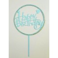 Топпер "Happy birthday” блакитний круг зі стразами, акриловий пластик, 110*160