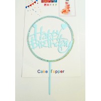Топпер "Happy birthday” блакитний круг зі стразами, акриловий пластик, 110*160