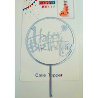 Топпер "Happy birthday” срібний круг з сердечком, акриловий пластик, 110*160