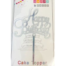 Топпер "Happy birthday” срібний вензель, акриловий пластик, 110*160