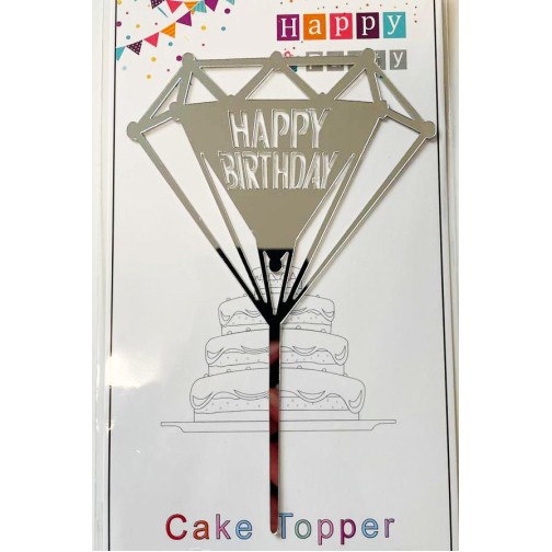 Топпер "Happy birthday” срібний діамант №167, акриловий пластик, 110*160