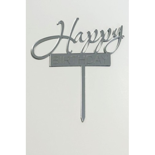 Топпер "Happy birthday” з срібного акрилу 2 мм, 120*130