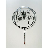 Топпер акриловий срібний "Happy birthday”, Ø100 мм