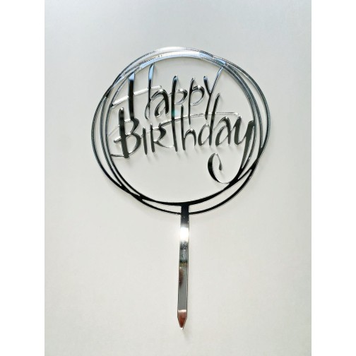 Топпер акриловий срібний "Happy birthday”, Ø100 мм