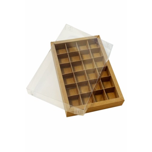 Коробка для 24 цукерок крафтова, з бортиком і прозорою пластиковою кришкою, 275*190*30