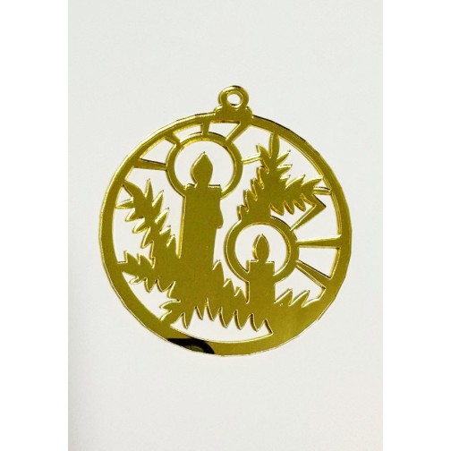 Золота акрилова прикраса на ялинку "Різдвяні свічки", 80*70мм